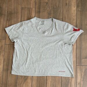 True Religion Light Gray V-Neck Tee with Red Sleeve Horseshoe